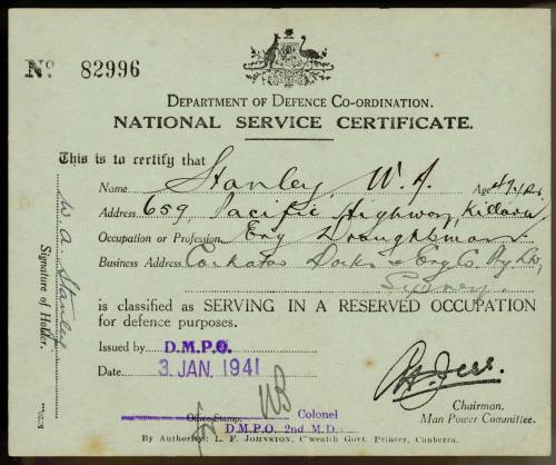 Department of Defence national service certificate issued to Wesley Arthur Stanley aged 47