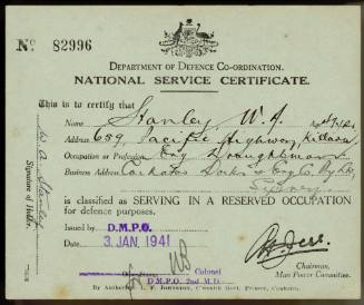 Department of Defence national service certificate issued to Wesley Arthur Stanley aged 47