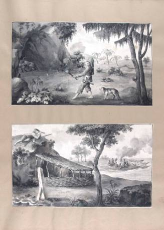 Robinson Crusoe frightened at the appearance of a goat in the cave and Crusoe viewing the savages