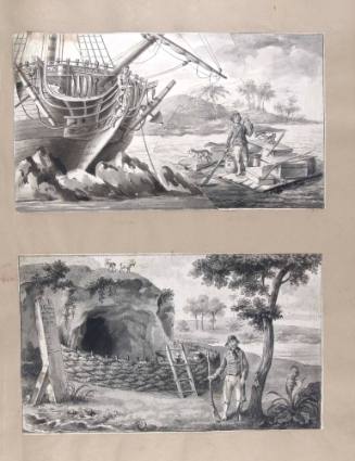 Robinson Crusoe carrying away the most useful remains of the wreck and Crusoe during the building of his habitation makes daily excursions on the island