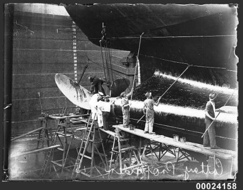 CATHAY propellor being repaired at Sutherland Dock, Cockatoo Island