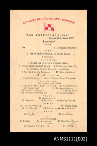 Canadian Pacific Railway Company RMS EMPRESS OF CHINA, luncheon, Friday 26 April 1907