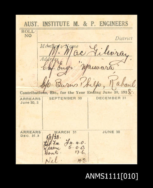 Australian Institute M & P Engineers membership contribution card : Martin MacGilivray