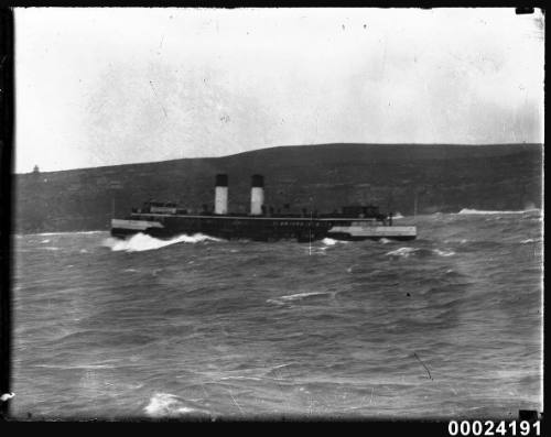 Two-funnelled steam vessel underway, possibly exiting Sydney Heads