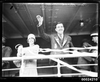 Sam Birch of Hollywood Ireland waving from the deck of the MOLDAVIA