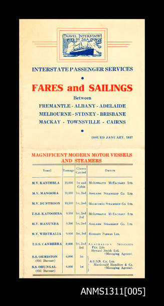 Interstate passenger services timetable for 1937