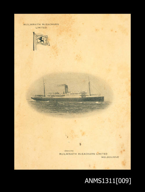 Dinner menu for TSS KATOOMBA featuring an image of the vessel on the cover.