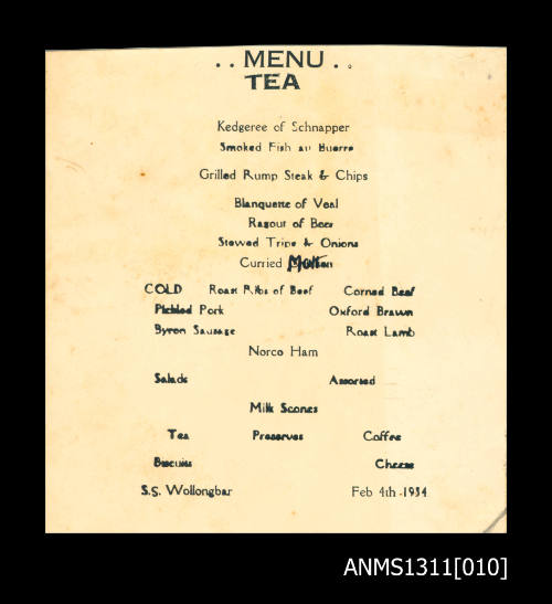 Tea menu for the SS WOLLONGBAR (II).