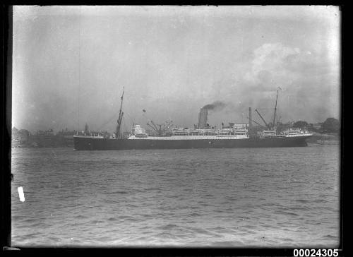 Portside view of a steamship underway in Sydney Harbour