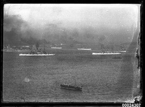 Visit of Great White Fleet to Sydney Harbour with Hornby Lighthouse in background