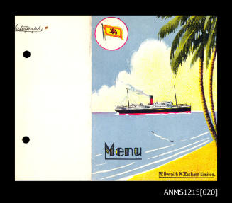 Printed menu card featuring the flag and insignia of shipping company McIlwraith McEacharn Ltd.