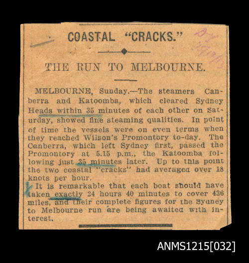 Newspaper clippings regarding CANBERRA  and KATOOMBA Sydney to Melbourne Ocean race of 1913