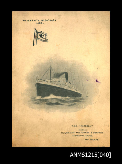 Menu card featuring an illustration of SS KAROOLA and the McIlwraith McEacharn Ltd flag.