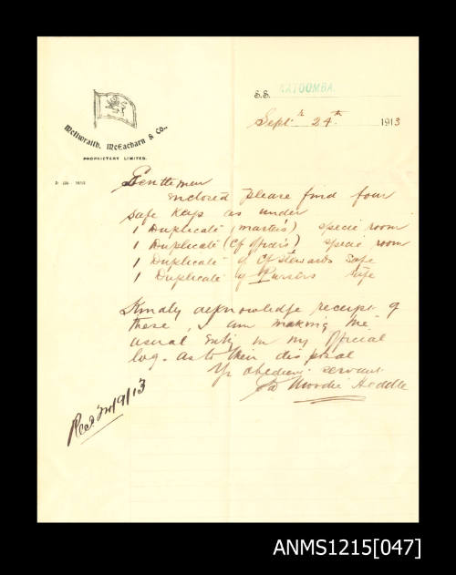 McIlwraith McEacharn Limited documentation and correspondence relating to SS "Katoomba".