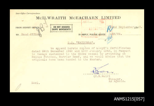 McIlwraith McEacharn Limited documentation and correspondence relating to SS "Katoomba".