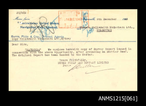 McIlwraith McEacharn Limited documentation and correspondence relating to SS "Katoomba".