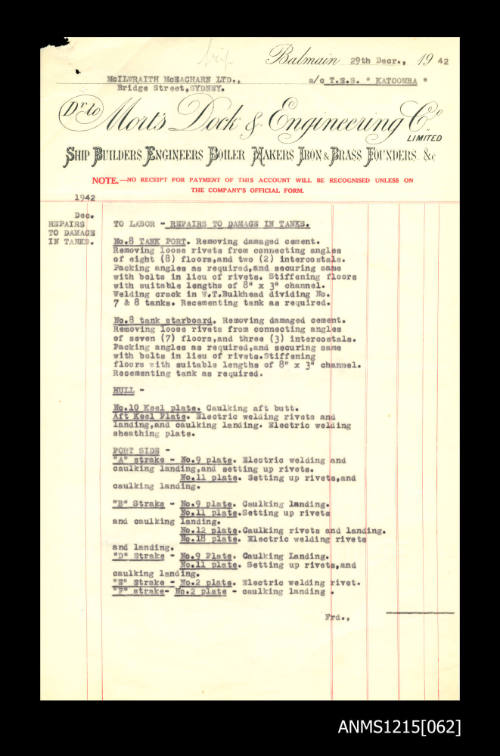 McIlwraith McEacharn Limited documentation and correspondence relating to SS KATOOMBA