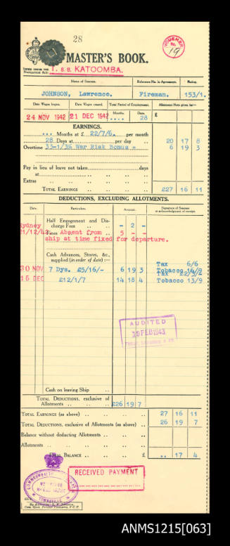 McIlwraith McEacharn Limited documentation and correspondence relating to SS "Katoomba".