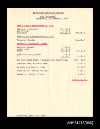 McIlwraith McEacharn Limited documentation and correspondence relating to SS "Katoomba".