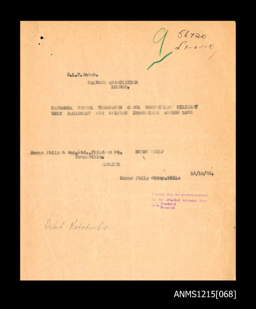 McIlwraith McEacharn Limited documentation and correspondence relating to SS "Katoomba".