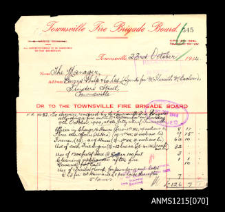 Invoice from Townsville Fire Brigade Board addressed to Burns, Philp & Co Ltd (Agents for McIlwraith McEacharn Limited) for services rendered