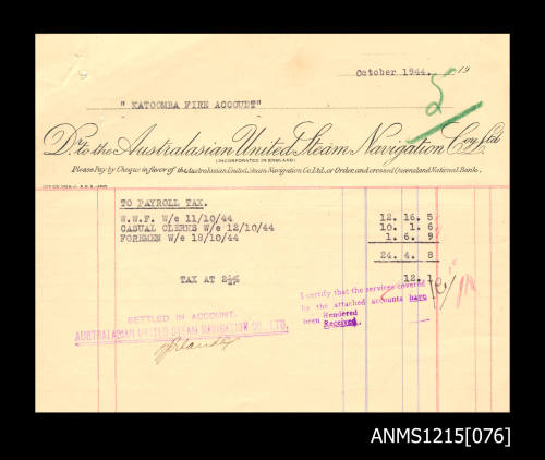 Invoice from Australasian United Steam Navigation Co Ltd to Katoomba Fire Account for payroll tax