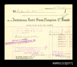 Invoices from Australasian United Steam Navigation Co Ltd (Burns, Philp & Co Ltd Agents) to Katoomba HT40 Fire Account for labour