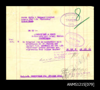 Invoice from Roberts, Leu & North Socilitors & Notary Public to Burns, Philp & Co Ltd (Agents for SS Katoomba Townsville) for notary fee for attendance
