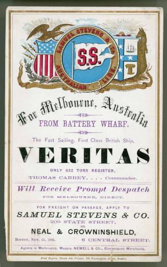 VERITAS Samuel Stevens & Co. Australian Line for Melbourne, Australia, from Battery Wharf