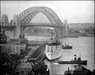 P&O liner RMS STRATHNAVER alongside the wharf in west Circular Quay, Sydney