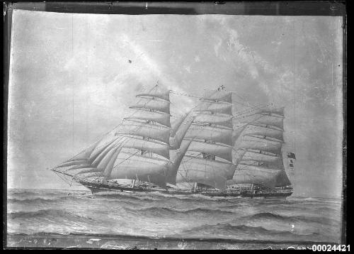 Three-masted fully rigged ship underway at sea