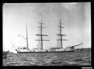 Starboard view of a Norwegian barque anchored in a harbour