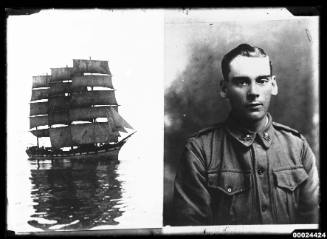 Split image featuring a four-masted barque under full sail and a portrait of a military officer