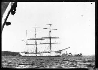 Starboard view of a Norwegian barque anchored in a harbour