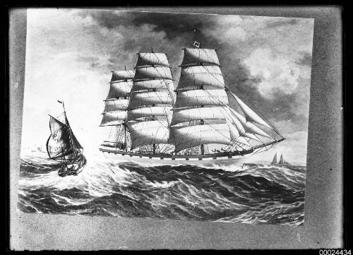 Three-masted ship at sail in rough seas