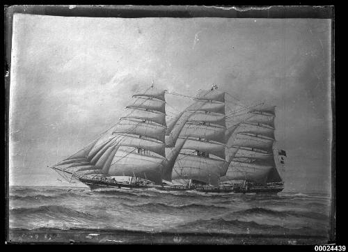 Three-masted ship under full sail at sea