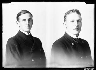 Portrait of two merchant seamen in uniform on board ELGINSHIRE