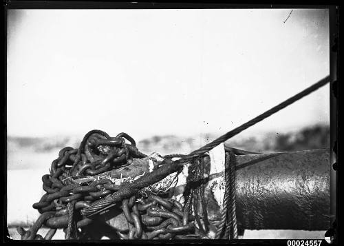 Chain, cabling, assorted metal shackles and rope on board ELGINSHIRE