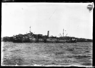 Unidentified merchant steamship anchored in a harbour