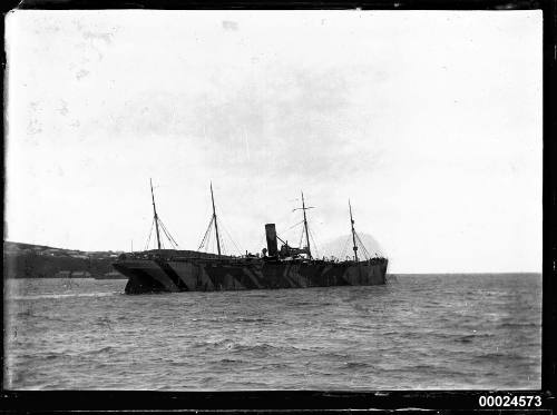 Unidentified merchant steamship anchored in a harbour