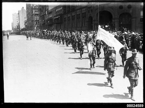 Australian Army soldiers marching along Macquarie Street, Sydney