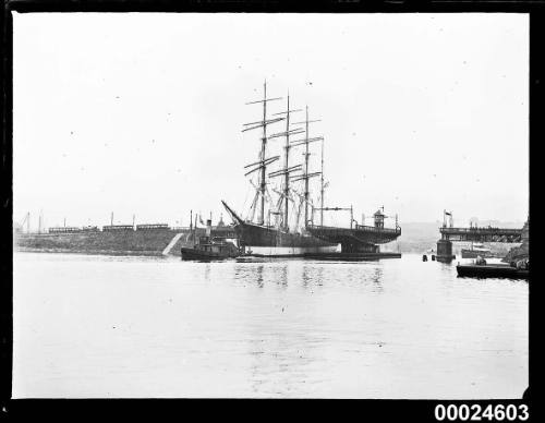 Steam vessel and GUSTAV passing through Glebe Island Bridge, departing Blackwattle or Rozelle Bay