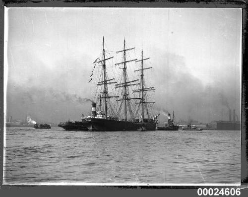 Three-masted barque CHILLICOTHE under tow in Sydney Harbour