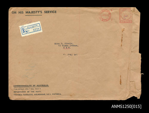 Envelope addressed to Miss N Steele from the Department of the Navy, Victoria Barracks