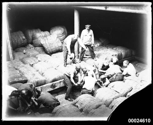 A group of men packing bales of wool into the hold of MAGDALENE VINNEN