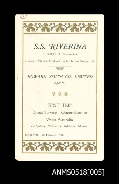 Menu for SS RIVERINA on route from Queensland to West Australia in 1906.