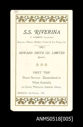 Menu for SS RIVERINA on route from Queensland to West Australia in 1906.