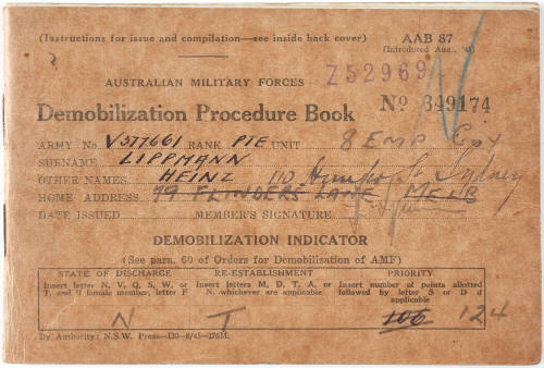 Australian Military Force Demobilization Book for Heinz Lippmann