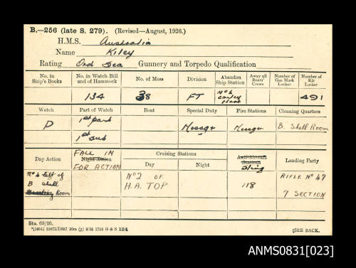 Gunnery and torpedo qualification card