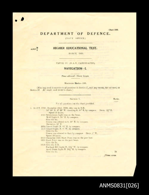 Examination paper IV for Royal Australian Navy candidates